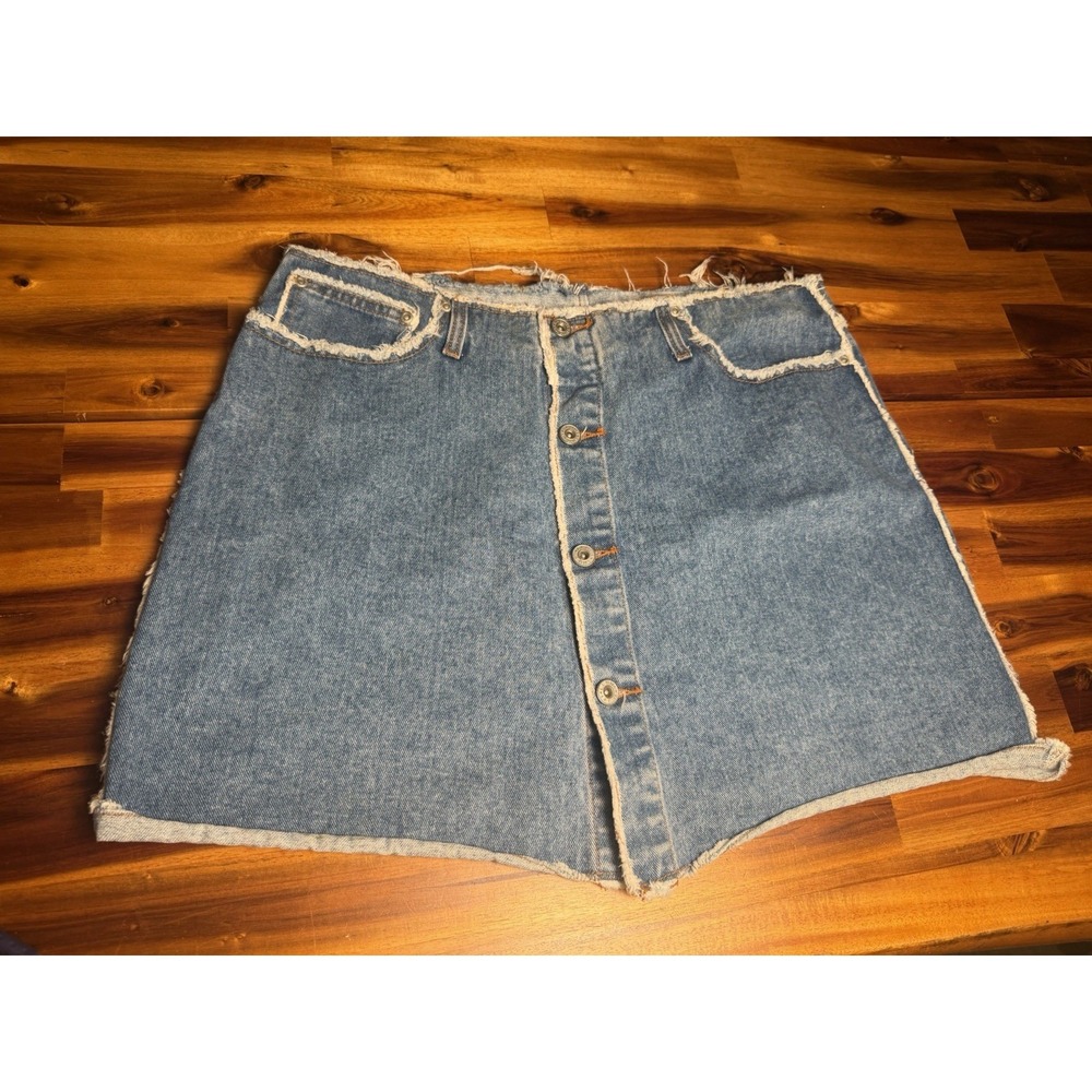 Y2K L.A. Blues Denim Skirt Womens Button Front A-Line Frayed Raw Hem Vintage